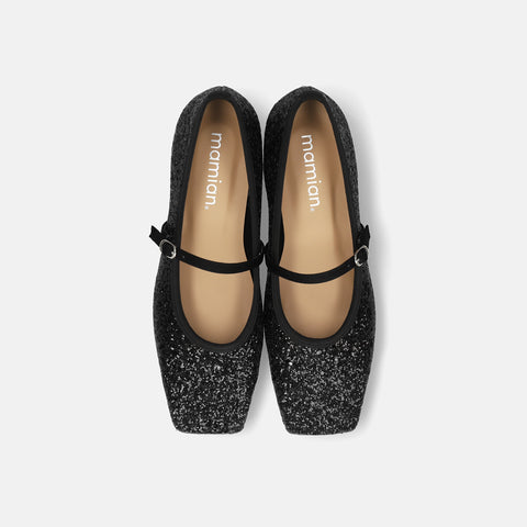 予約：2025AW：スクエアトゥ メリージェーン フラット（m10310）ブラックグリッター/mamian（マミアン）