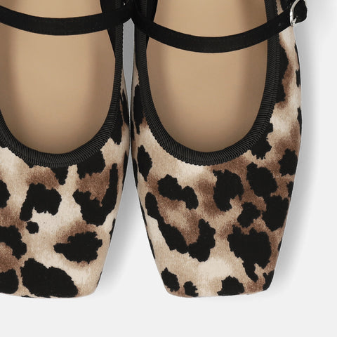 予約：2025AW：スクエアトゥ メリージェーン フラット（m10310）レオパード/mamian（マミアン）