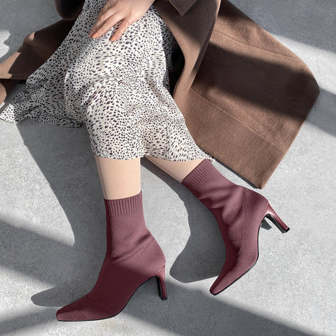 50%OFF：ストレッチニット ソックスブーツ（m74002）ワインレッド/mamian（マミアン）